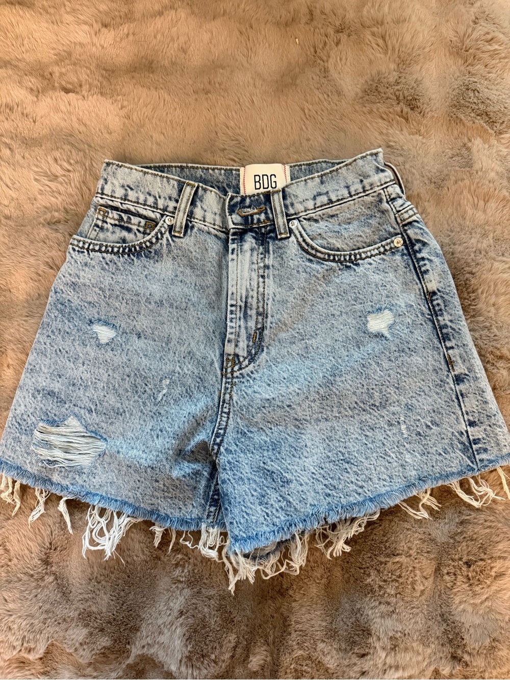 BDG Light Blue High Waist Frayed Denim Shorts